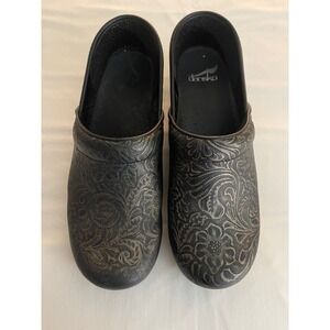 Dansko Professional Clogs Black Bronze Metallic Floral Embossed Leather 39